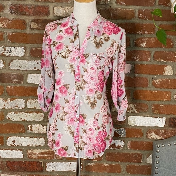 Kut From The Kloth Floral Blouse In Flower Fields pink gray size small NWT - Picture 2 of 7